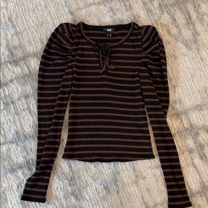 PAIGE Black and Brown Striped Ribbed Long Sleeve Tie-Front Top